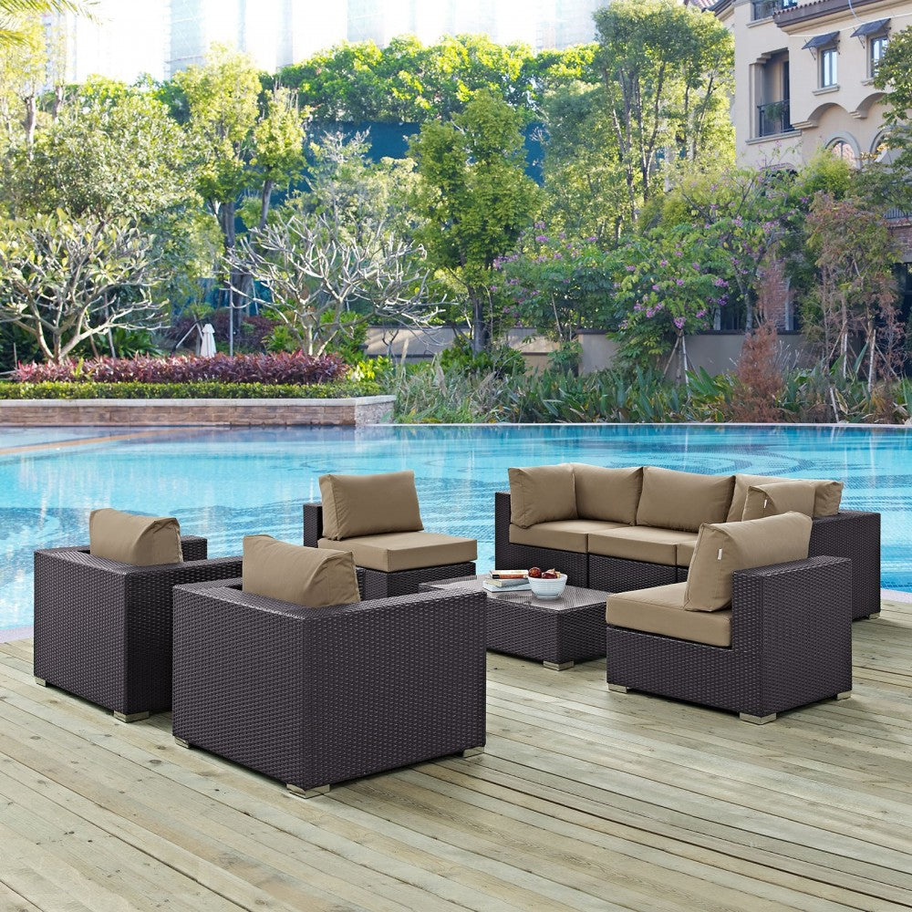 Convene 8 Piece Outdoor Patio Sectional Set, Espresso Mocha, EEI-2203-EXP-MOC-SET