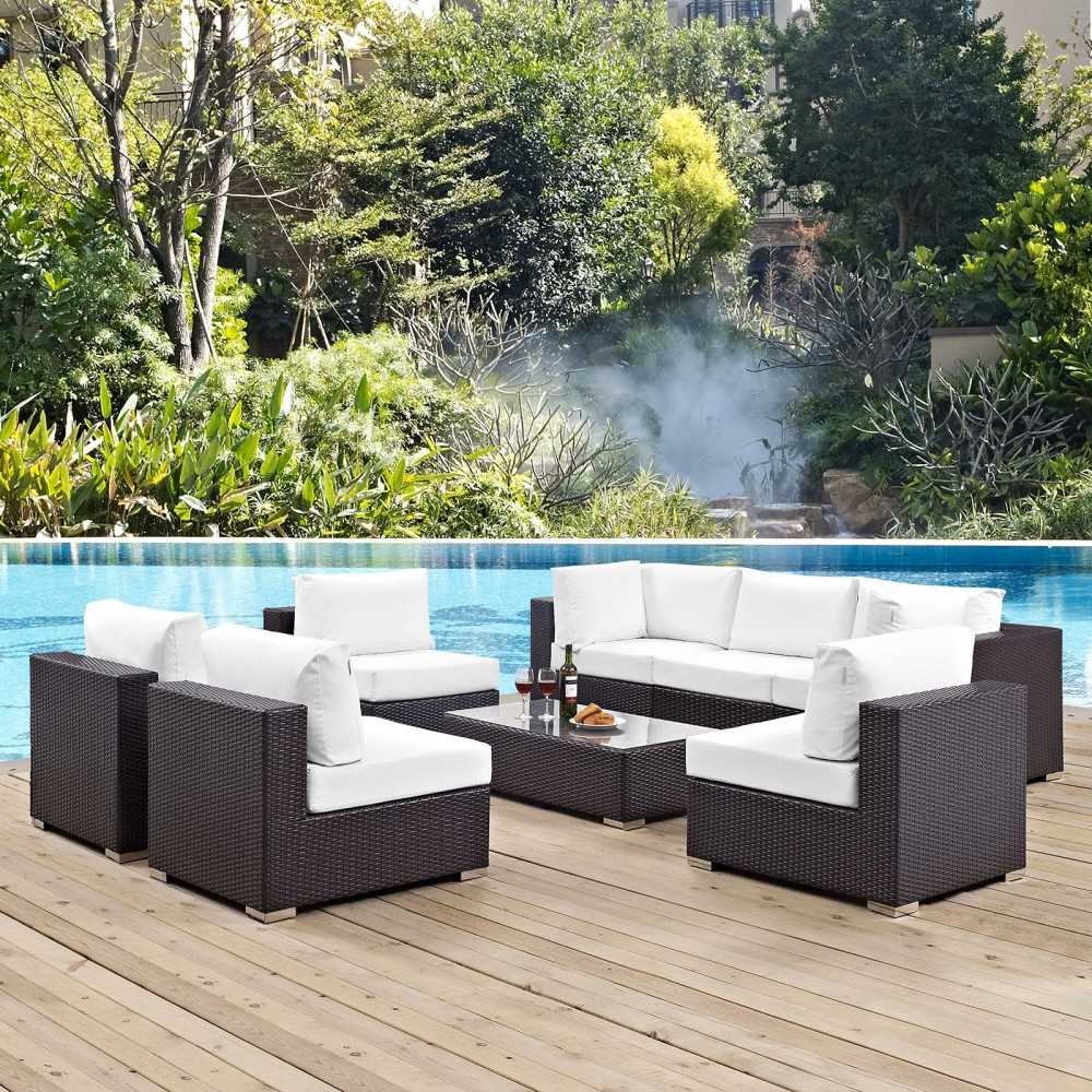 Convene 8 Piece Outdoor Patio Sectional Set, Espresso White, EEI-2205-EXP-WHI-SET