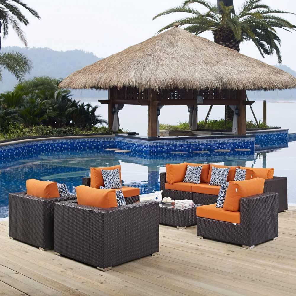 Convene 8 Piece Outdoor Patio Sectional Set, Espresso Orange, EEI-2368-EXP-ORA-SET