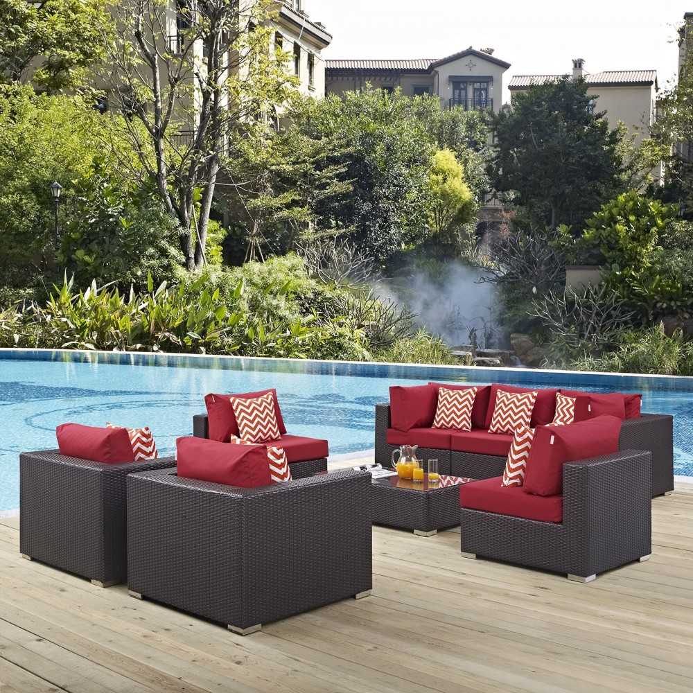Convene 8 Piece Outdoor Patio Sectional Set, Espresso Red, EEI-2368-EXP-RED-SET