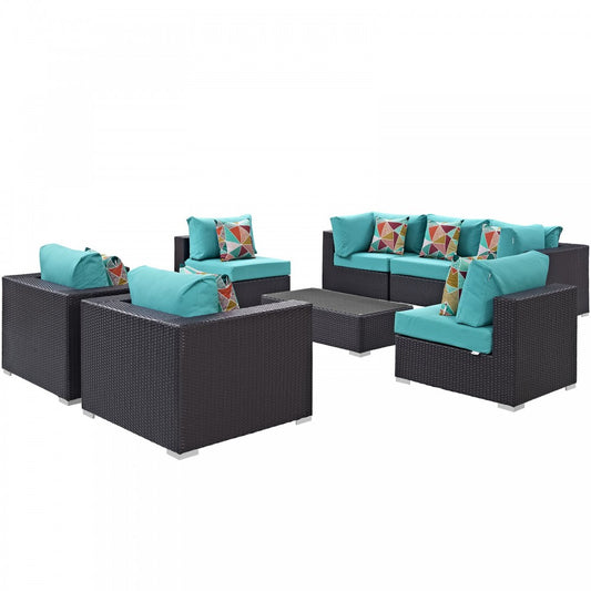 Convene 8 Piece Outdoor Patio Sectional Set, Espresso Turquoise, EEI-2368-EXP-TRQ-SET