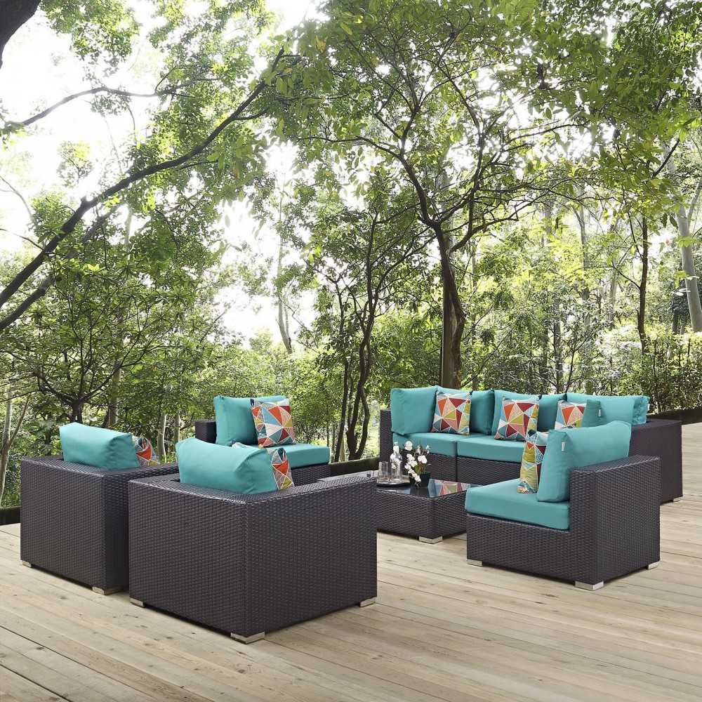 Convene 8 Piece Outdoor Patio Sectional Set, Espresso Turquoise, EEI-2368-EXP-TRQ-SET