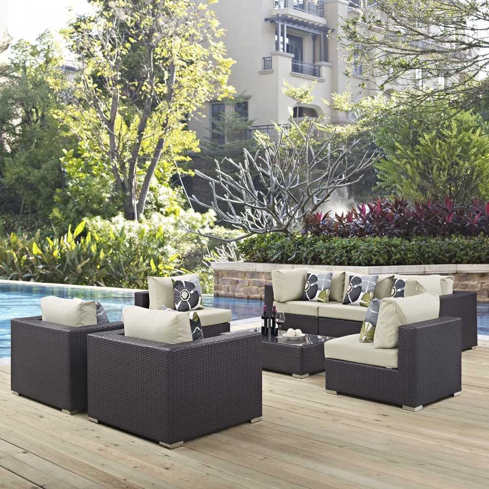 Convene 8 Piece Outdoor Patio Sectional Set, Espresso Beige, EEI-2368-EXP-BEI-SET