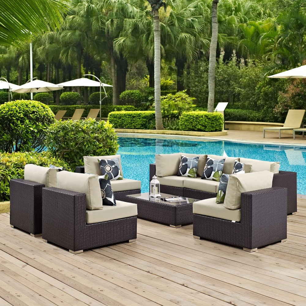 Convene 8 Piece Outdoor Patio Sectional Set, Espresso Beige, EEI-2370-EXP-BEI-SET