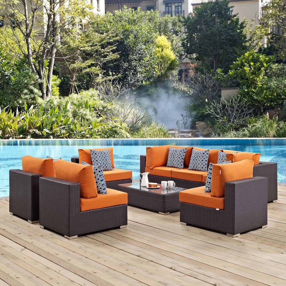 Convene 8 Piece Outdoor Patio Sectional Set, Espresso Orange, EEI-2370-EXP-ORA-SET