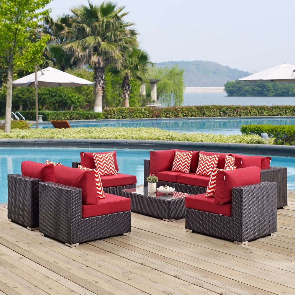 Convene 8 Piece Outdoor Patio Sectional Set, Espresso Red, EEI-2370-EXP-RED-SET