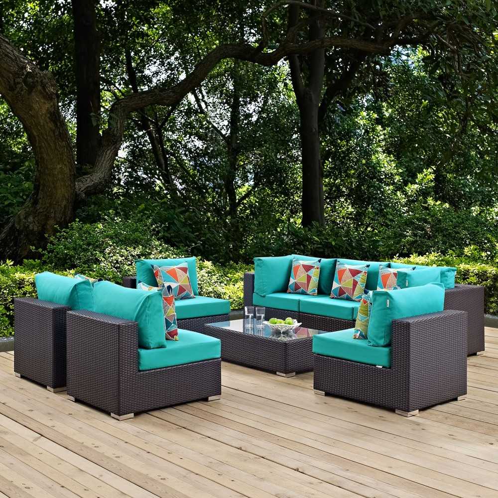 Convene 8 Piece Outdoor Patio Sectional Set, Espresso Turquoise, EEI-2370-EXP-TRQ-SET