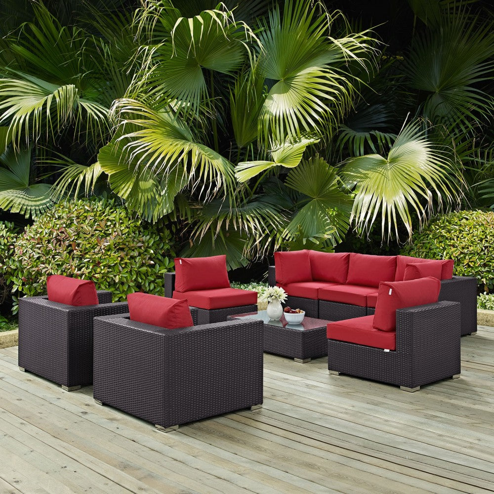 Convene 8 Piece Outdoor Patio Sectional Set, Espresso Red, EEI-2203-EXP-RED-SET