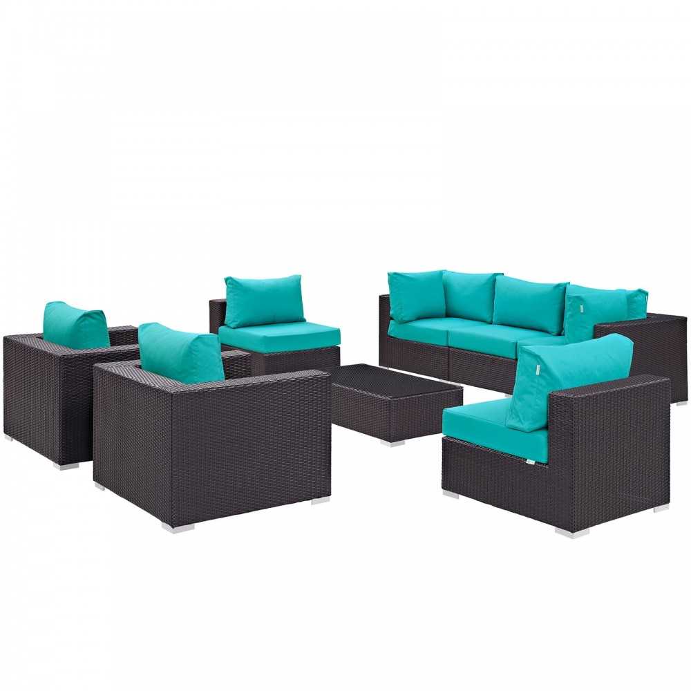 Convene 8 Piece Outdoor Patio Sectional Set, Espresso Turquoise, EEI-2203-EXP-TRQ-SET