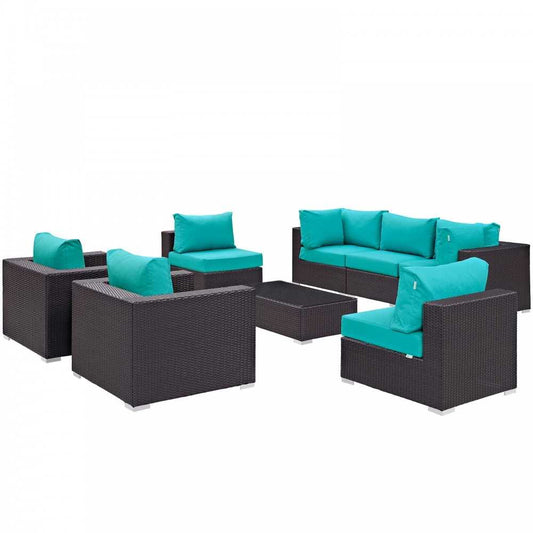 Convene 8 Piece Outdoor Patio Sectional Set, Espresso Turquoise, EEI-2203-EXP-TRQ-SET