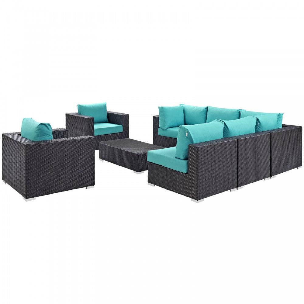 Convene 8 Piece Outdoor Patio Sectional Set, Espresso Turquoise, EEI-2203-EXP-TRQ-SET