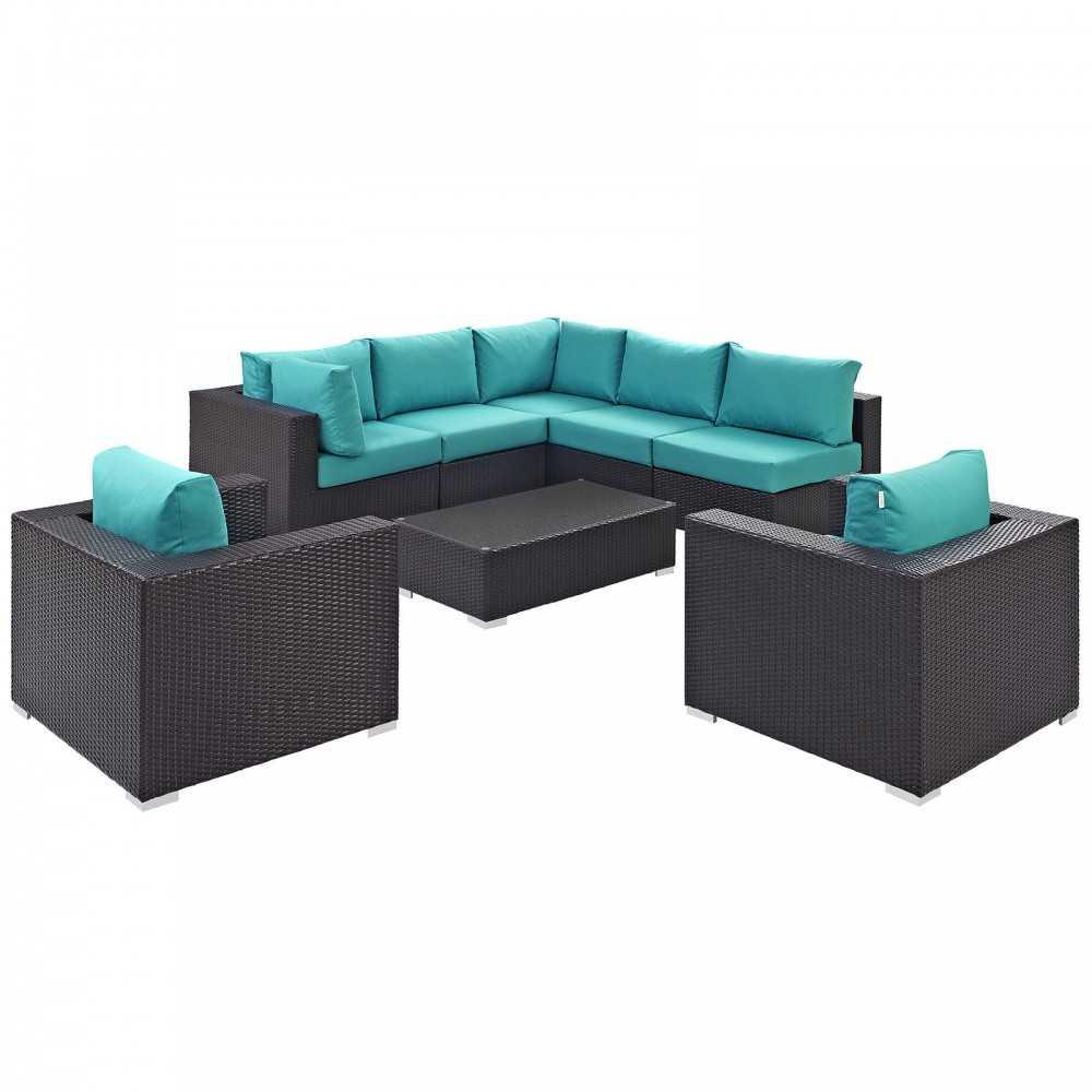 Convene 8 Piece Outdoor Patio Sectional Set, Espresso Turquoise, EEI-2203-EXP-TRQ-SET