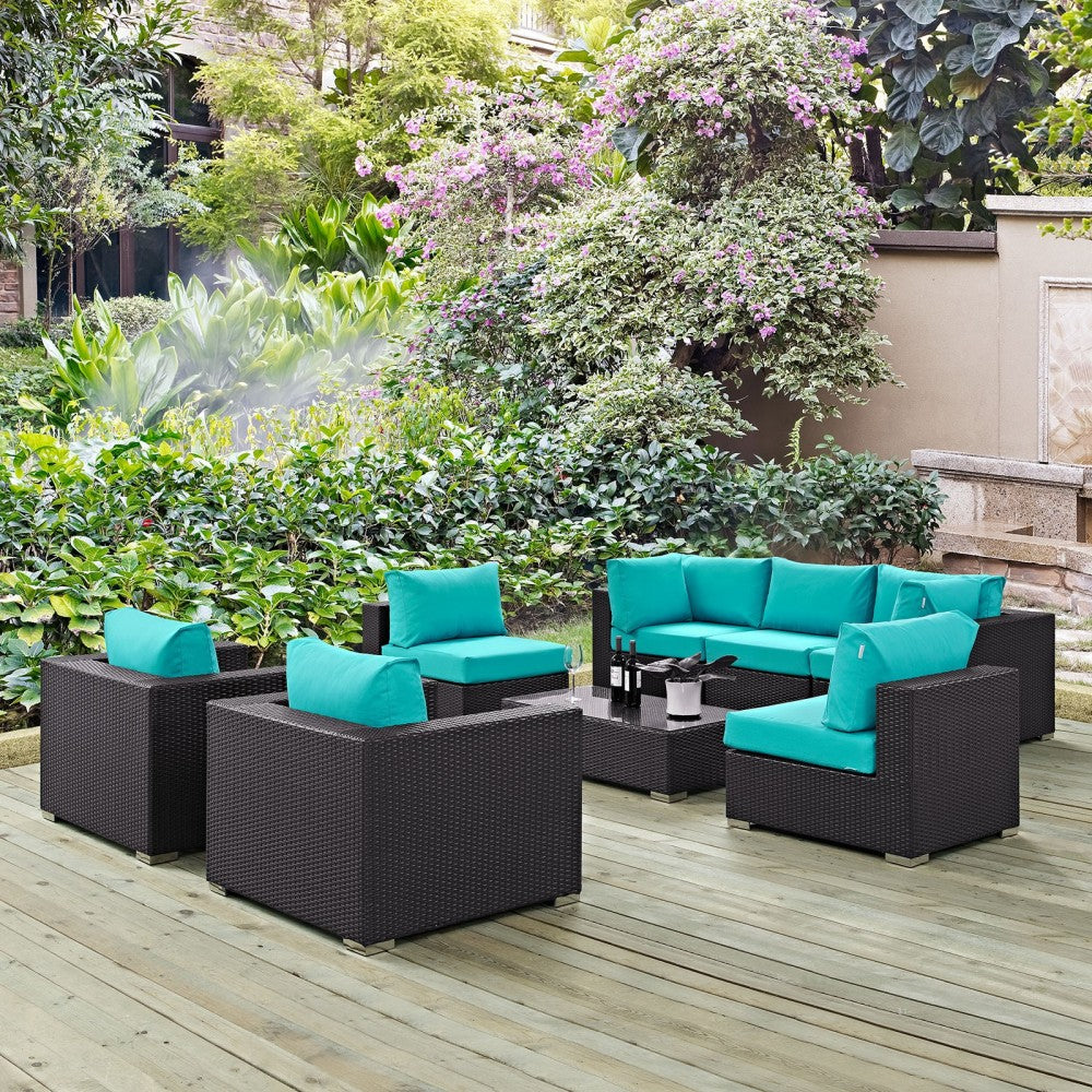 Convene 8 Piece Outdoor Patio Sectional Set, Espresso Turquoise, EEI-2203-EXP-TRQ-SET