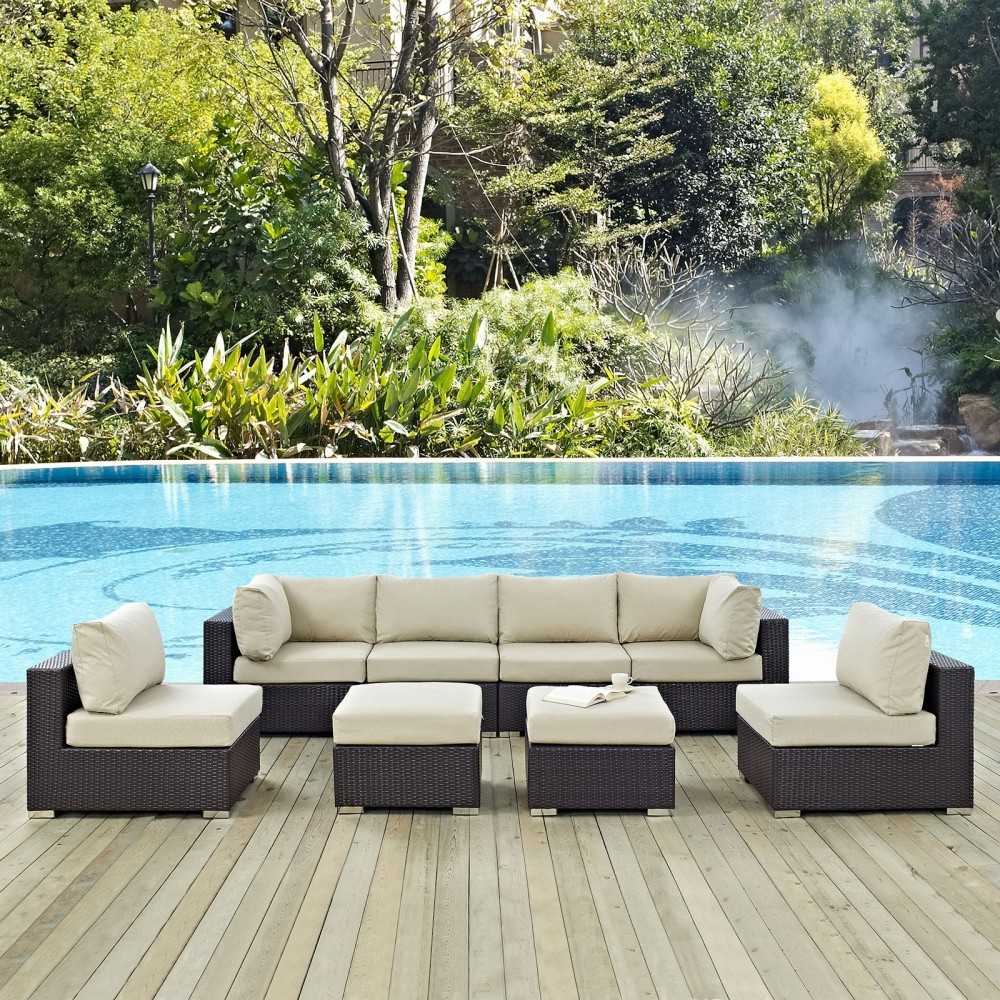 Convene 8 Piece Outdoor Patio Sectional Set, Espresso Beige, EEI-2204-EXP-BEI-SET