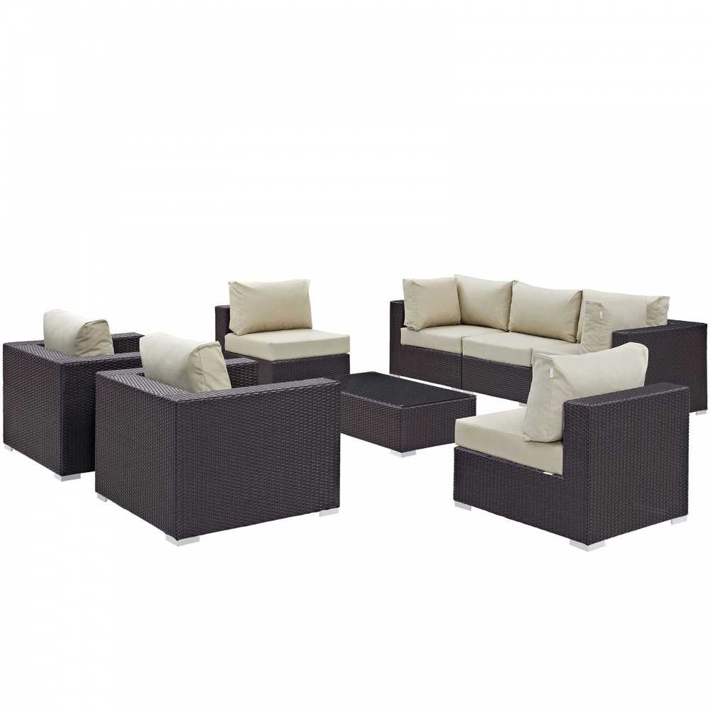 Convene 8 Piece Outdoor Patio Sectional Set, Espresso Beige, EEI-2203-EXP-BEI-SET