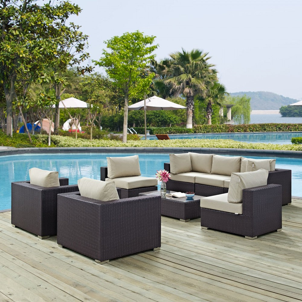 Convene 8 Piece Outdoor Patio Sectional Set, Espresso Beige, EEI-2203-EXP-BEI-SET