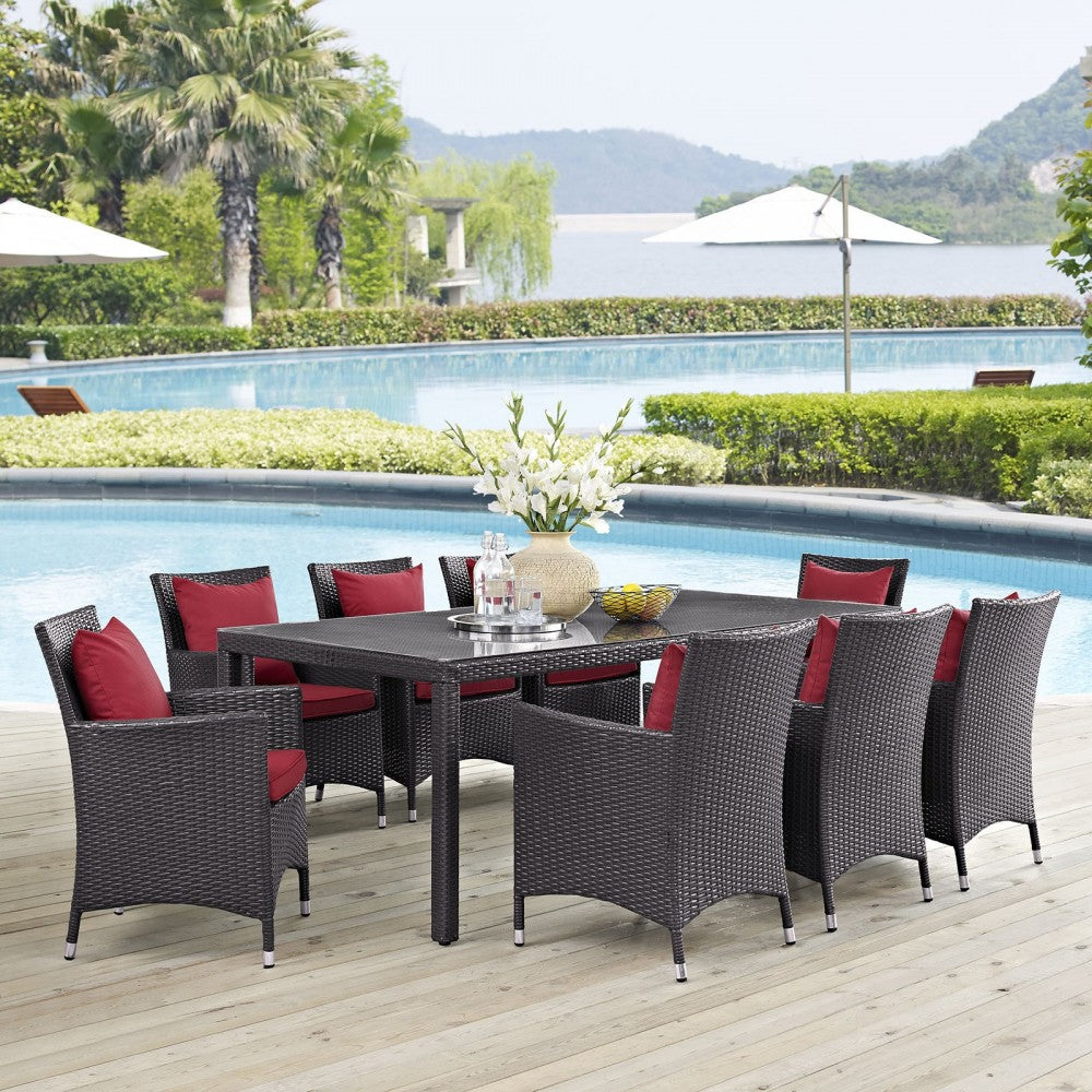 Convene 9 Piece Outdoor Patio Dining Set, Espresso Red