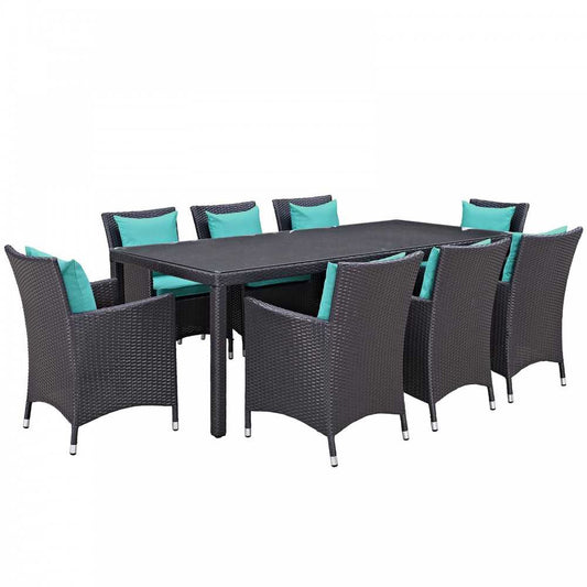 Convene 9 Piece Outdoor Patio Dining Set, Espresso Turquoise