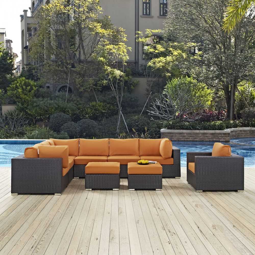 Convene 9 Piece Outdoor Patio Sectional Set, Espresso Orange