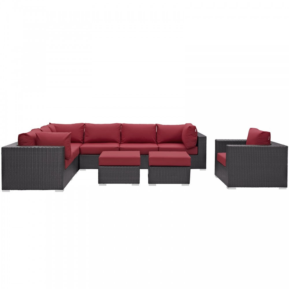 Convene 9 Piece Outdoor Patio Sectional Set, Espresso Red