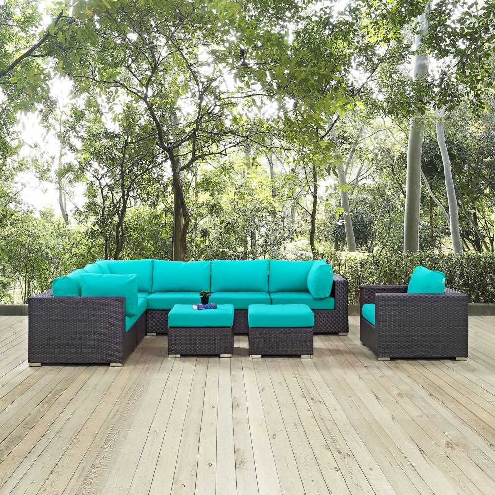 Convene 9 Piece Outdoor Patio Sectional Set, Espresso Turquoise