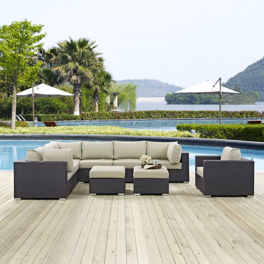 Convene 9 Piece Outdoor Patio Sectional Set, Espresso Beige