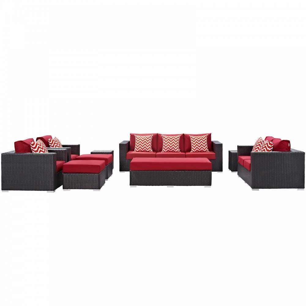 Convene 9 Piece Outdoor Patio Sofa Set, Espresso Red, EEI-2354-EXP-RED-SET