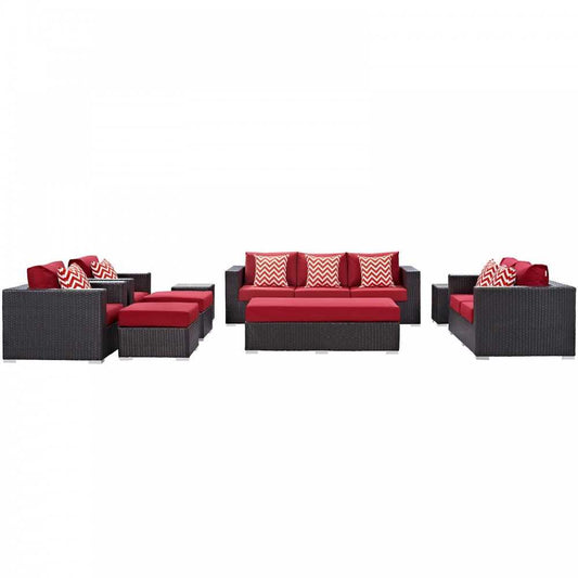 Convene 9 Piece Outdoor Patio Sofa Set, Espresso Red, EEI-2354-EXP-RED-SET