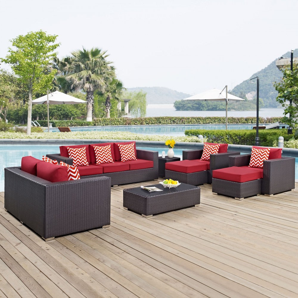 Convene 9 Piece Outdoor Patio Sofa Set, Espresso Red, EEI-2354-EXP-RED-SET