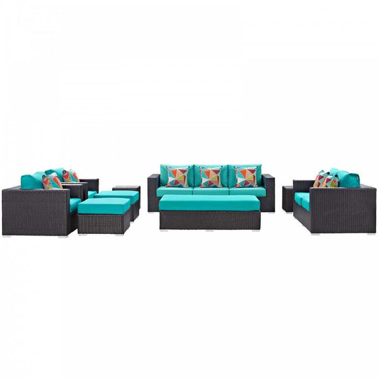 Convene 9 Piece Outdoor Patio Sofa Set, Espresso Turquoise, EEI-2354-EXP-TRQ-SET