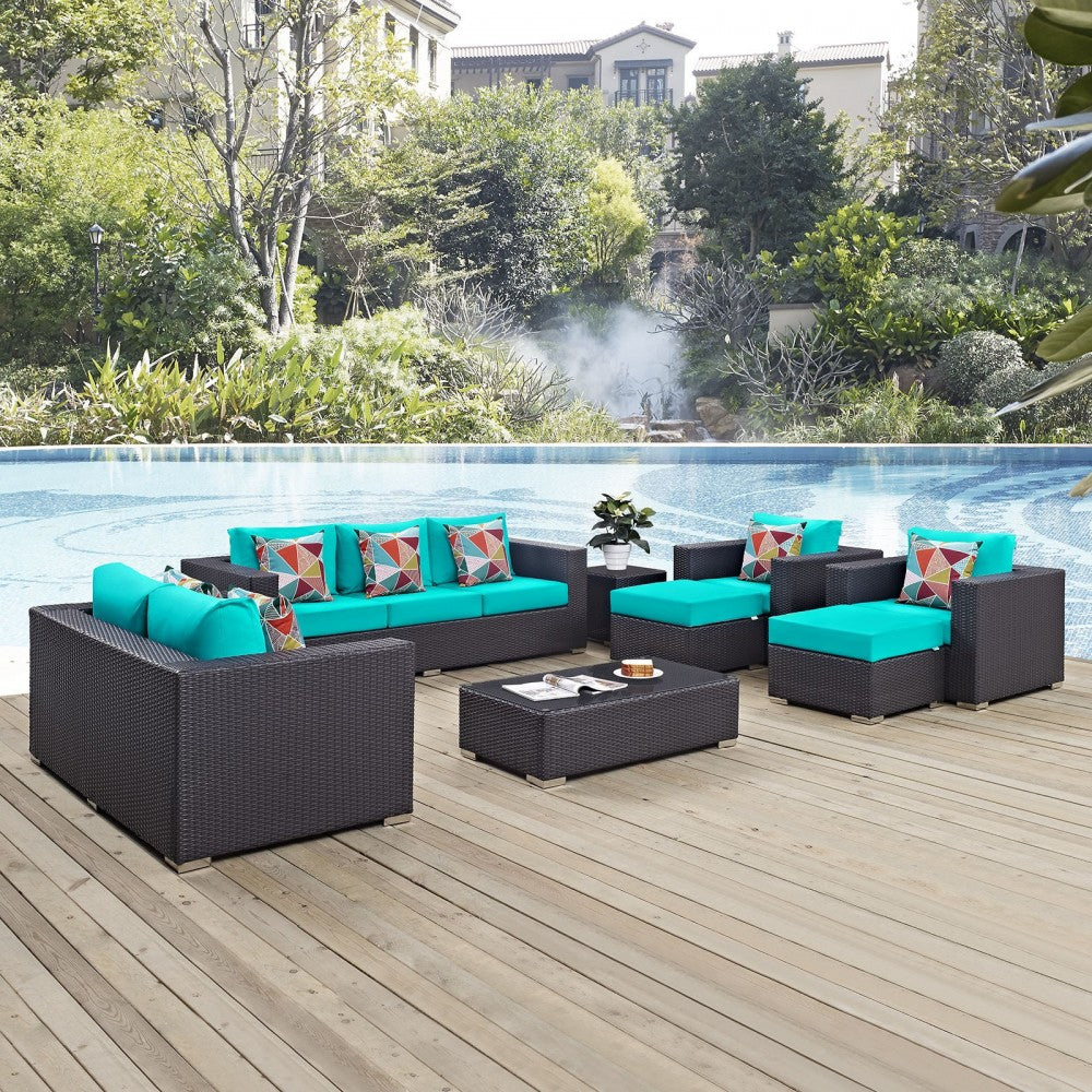Convene 9 Piece Outdoor Patio Sofa Set, Espresso Turquoise, EEI-2354-EXP-TRQ-SET