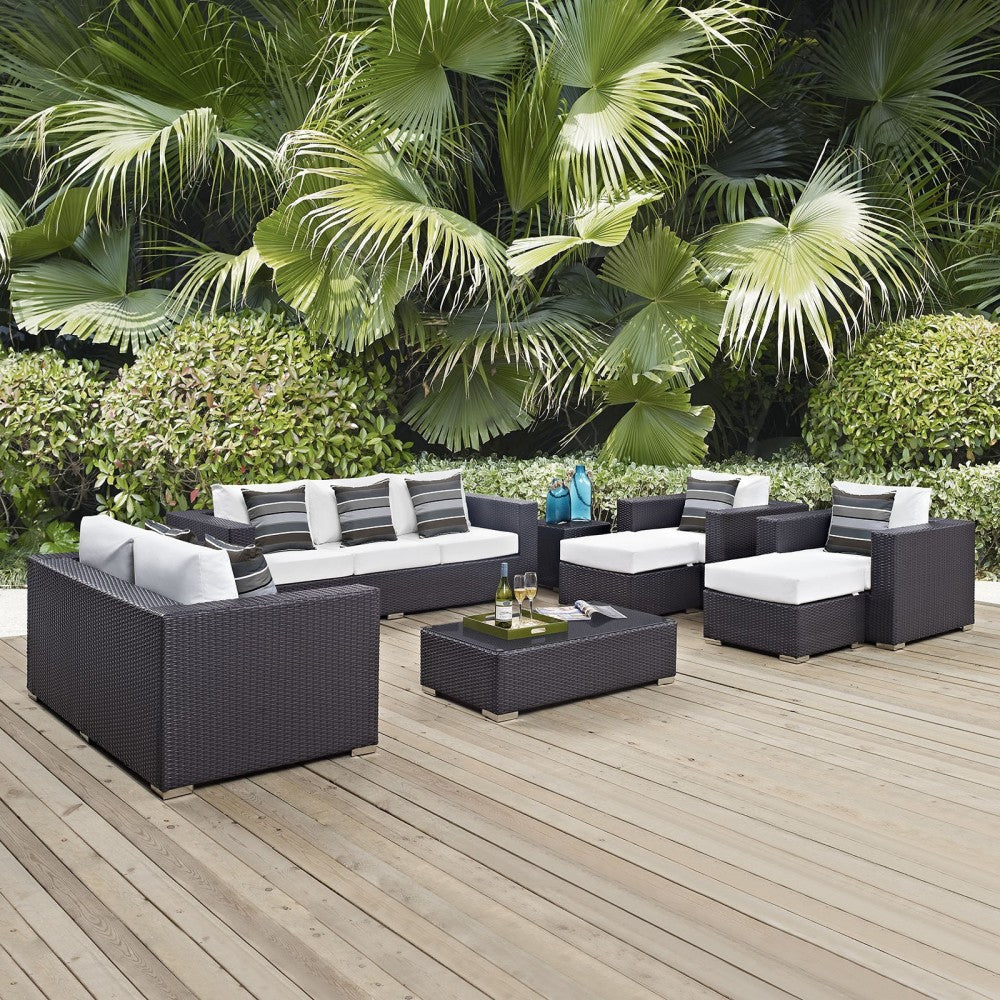 Convene 9 Piece Outdoor Patio Sofa Set, Espresso White, EEI-2354-EXP-WHI-SET