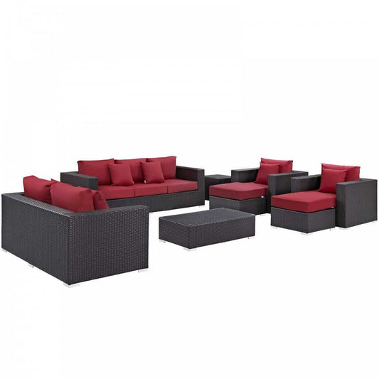 Convene 9 Piece Outdoor Patio Sofa Set, Espresso Red, EEI-2161-EXP-RED-SET