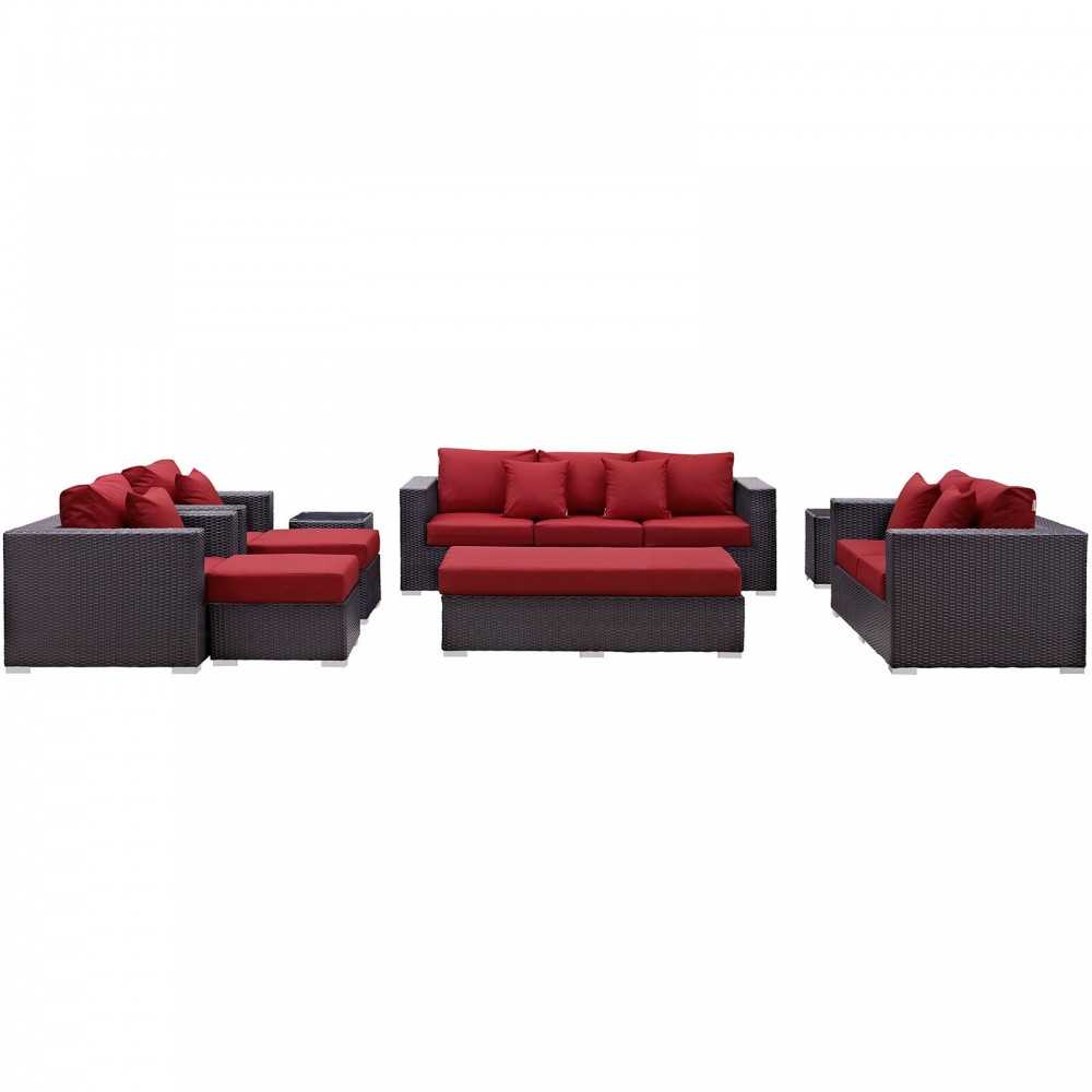 Convene 9 Piece Outdoor Patio Sofa Set, Espresso Red, EEI-2161-EXP-RED-SET