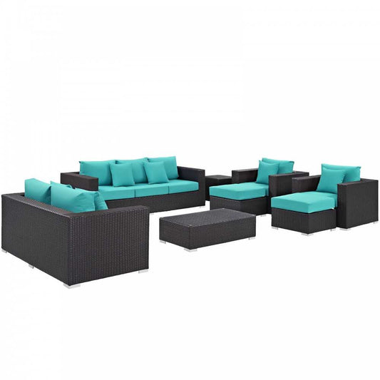Convene 9 Piece Outdoor Patio Sofa Set, Espresso Turquoise, EEI-2161-EXP-TRQ-SET