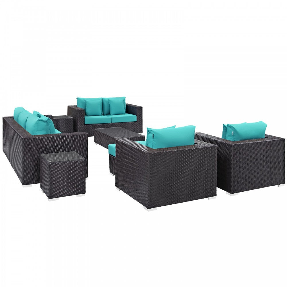 Convene 9 Piece Outdoor Patio Sofa Set, Espresso Turquoise, EEI-2161-EXP-TRQ-SET