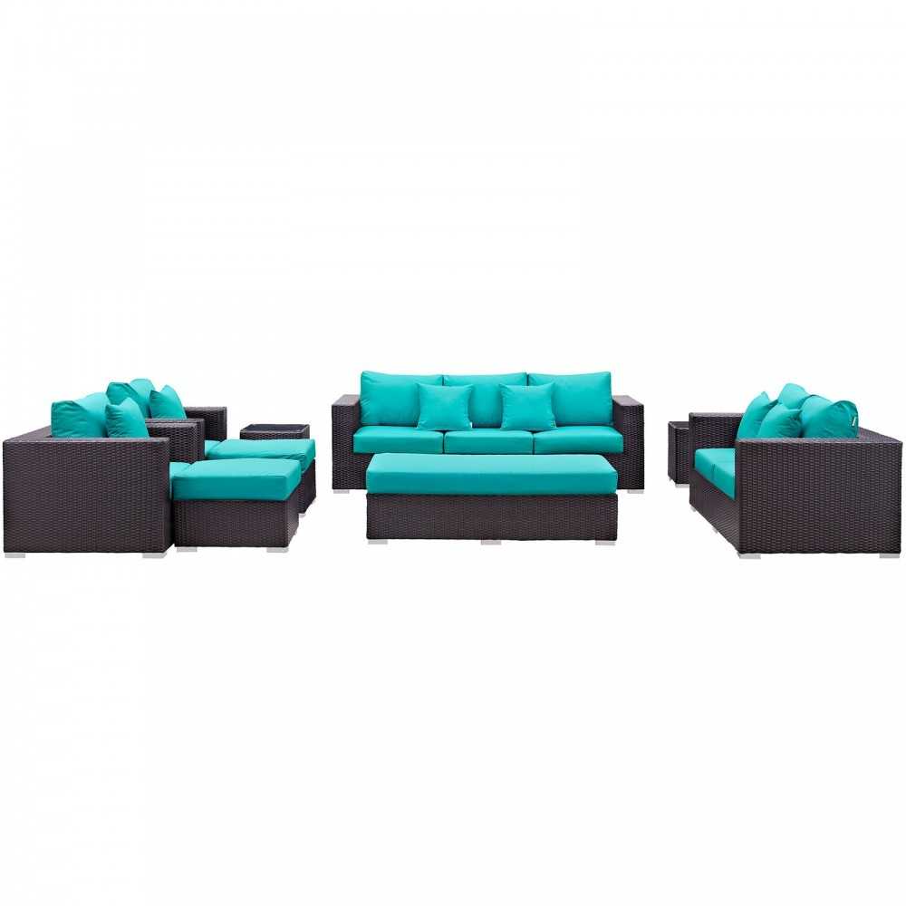 Convene 9 Piece Outdoor Patio Sofa Set, Espresso Turquoise, EEI-2161-EXP-TRQ-SET