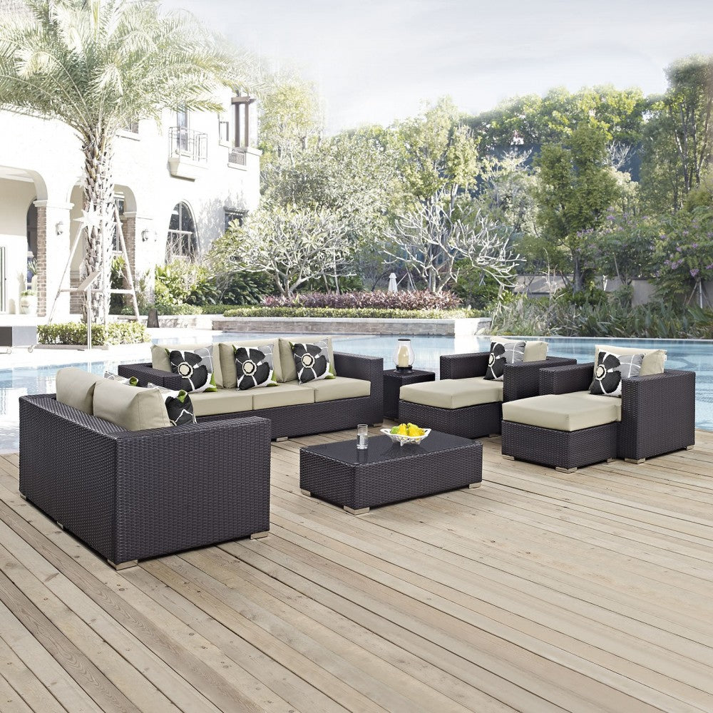 Convene 9 Piece Outdoor Patio Sofa Set, Espresso Beige, EEI-2354-EXP-BEI-SET