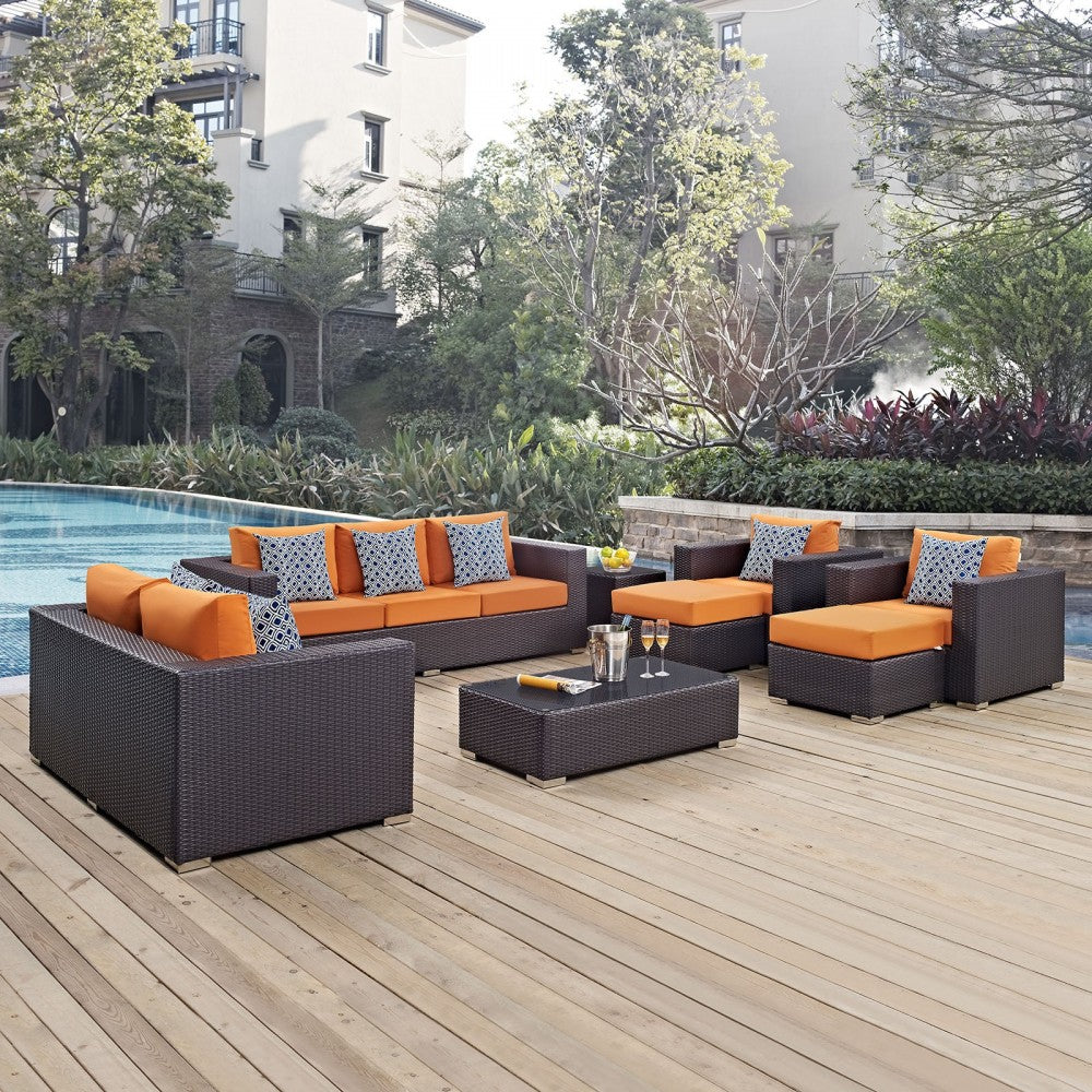 Convene 9 Piece Outdoor Patio Sofa Set, Espresso Orange, EEI-2354-EXP-ORA-SET