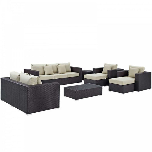 Convene 9 Piece Outdoor Patio Sofa Set, Espresso Beige, EEI-2161-EXP-BEI-SET