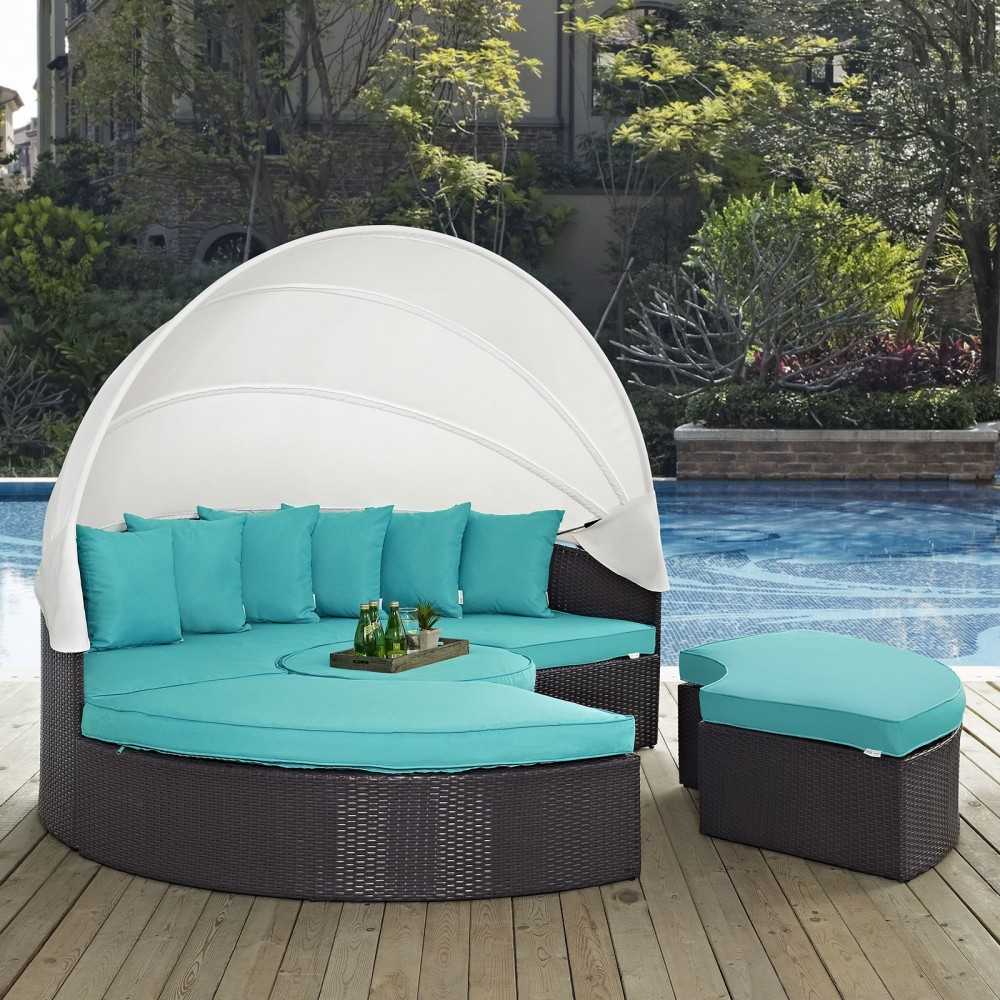 Convene Canopy Outdoor Patio Daybed, Espresso Turquoise, EEI-2173-EXP-TRQ-SET