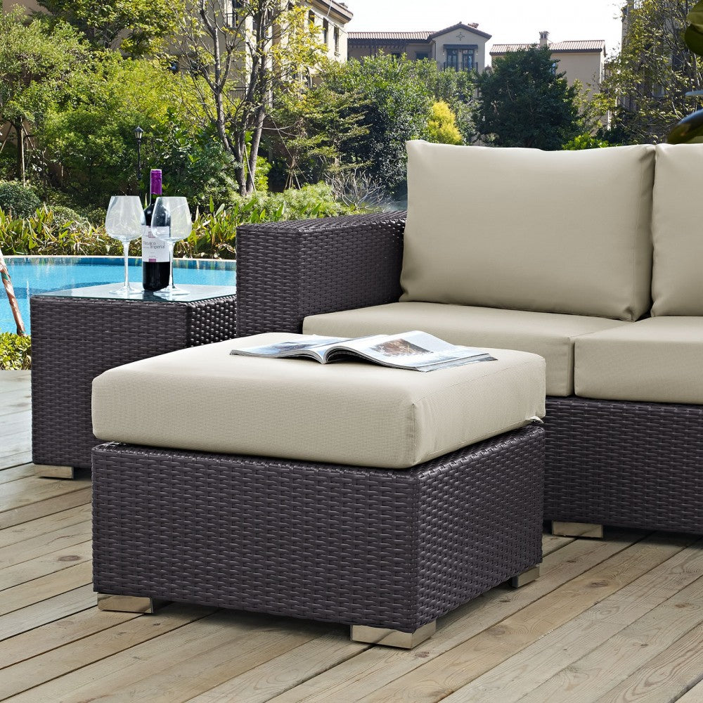Convene Outdoor Patio Fabric Square Ottoman, Espresso Beige