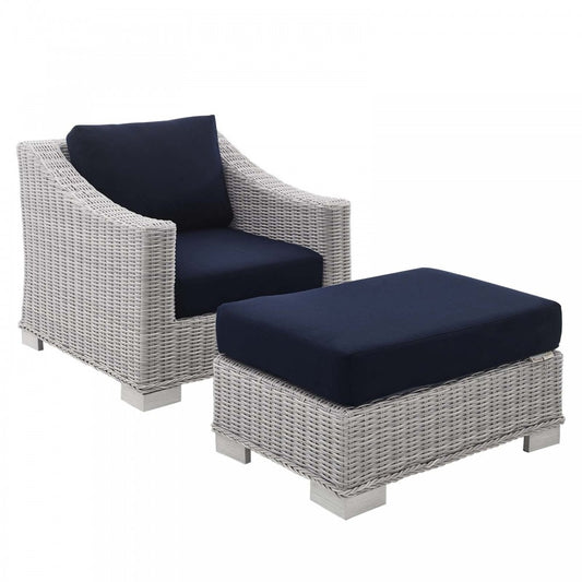 Conway Sunbrella Outdoor Patio Wicker Rattan 2-Piece Armchair and Ottoman Set, Light Gray Navy