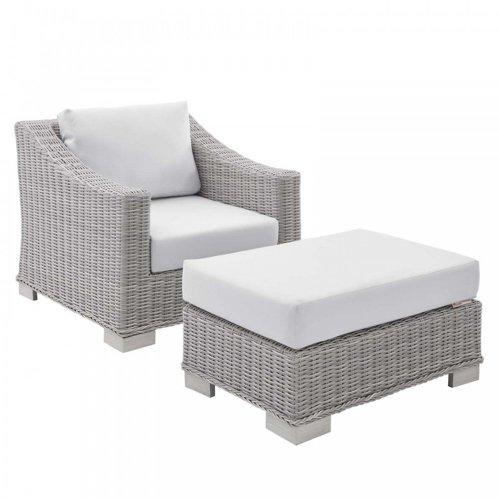 Conway Sunbrella Outdoor Patio Wicker Rattan 2-Piece Armchair and Ottoman Set, Light Gray White