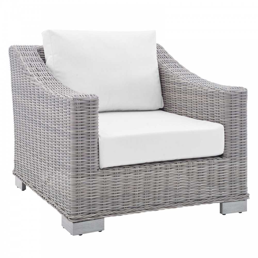 Conway Sunbrella Outdoor Patio Wicker Rattan 2-Piece Armchair and Ottoman Set, Light Gray White