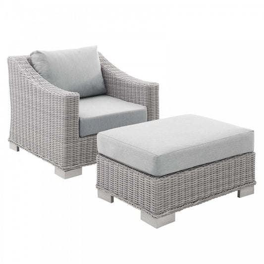 Conway Sunbrella Outdoor Patio Wicker Rattan 2-Piece Armchair and Ottoman Set, Light Gray Gray