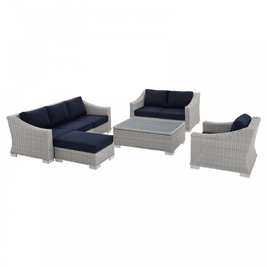 Conway Sunbrella Outdoor Patio Wicker Rattan 5-Piece Furniture Set, Light Gray Navy, EEI-4356-LGR-NAV