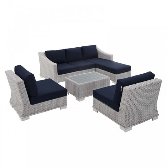 Conway Sunbrella Outdoor Patio Wicker Rattan 5-Piece Furniture Set, Light Gray Navy, EEI-4361-LGR-NAV