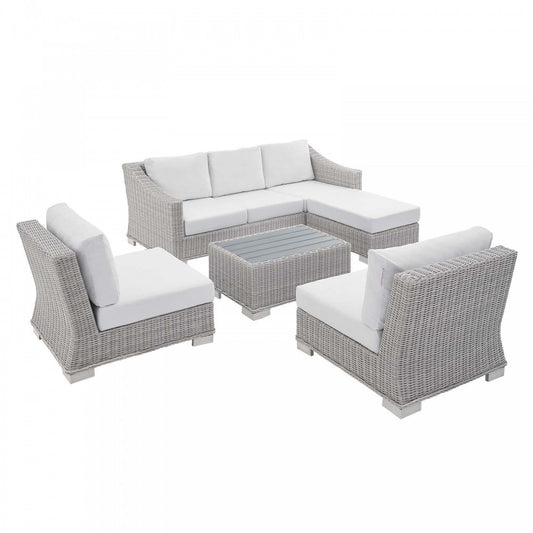 Conway Sunbrella Outdoor Patio Wicker Rattan 5-Piece Furniture Set, Light Gray White, EEI-4361-LGR-WHI