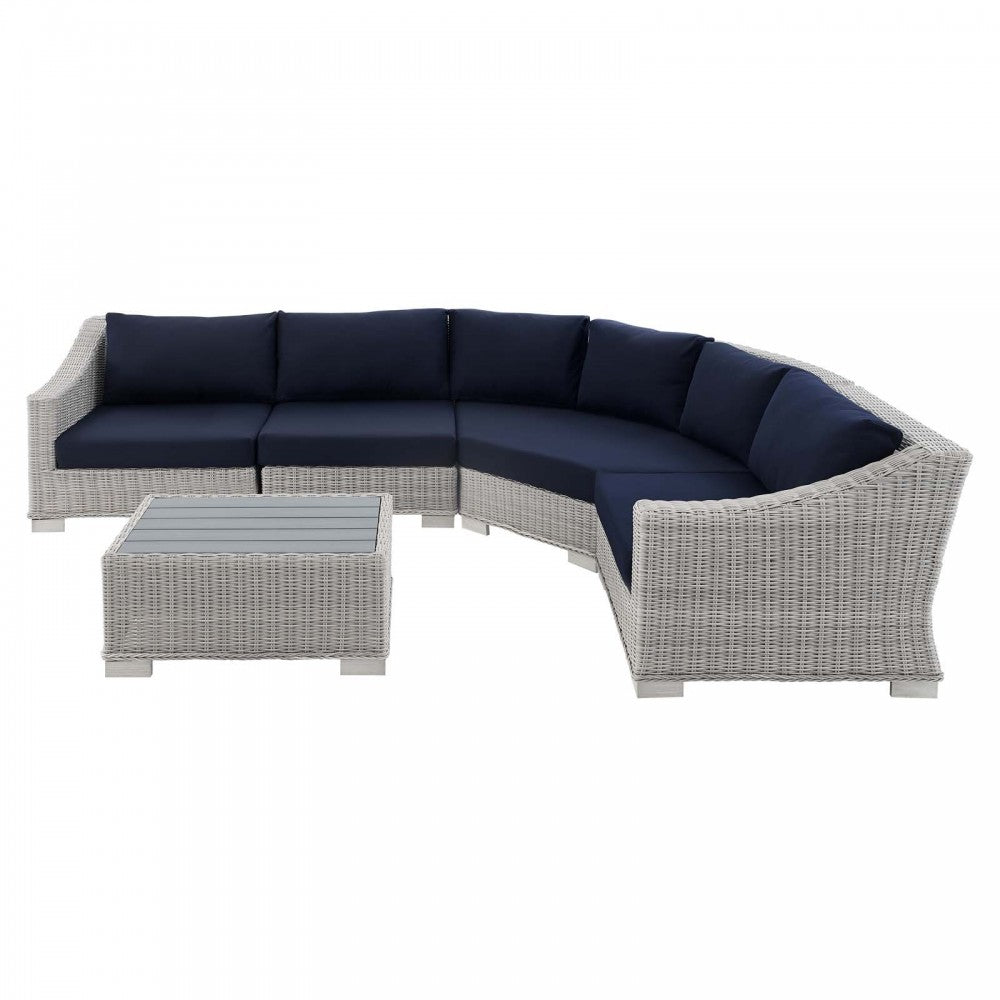 Conway Sunbrella Outdoor Patio Wicker Rattan 5-Piece Sectional Sofa Set, Light Gray Navy